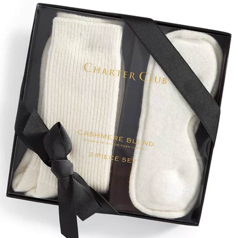 Charter Club Cashmere Blend Sleep Mask + Socks Boxed Gift Set Vanilla